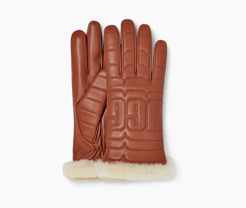 Ugg Glove Womens - Ugg Leather Quilted Logo Tech Brown - 198AKLSGP